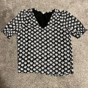 J. Crew Black and White Patterned V-Neck Blouse